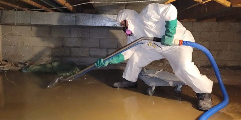 A person in a protective suit vacuums water during flood damage restoration in Milwaukee County, WI.