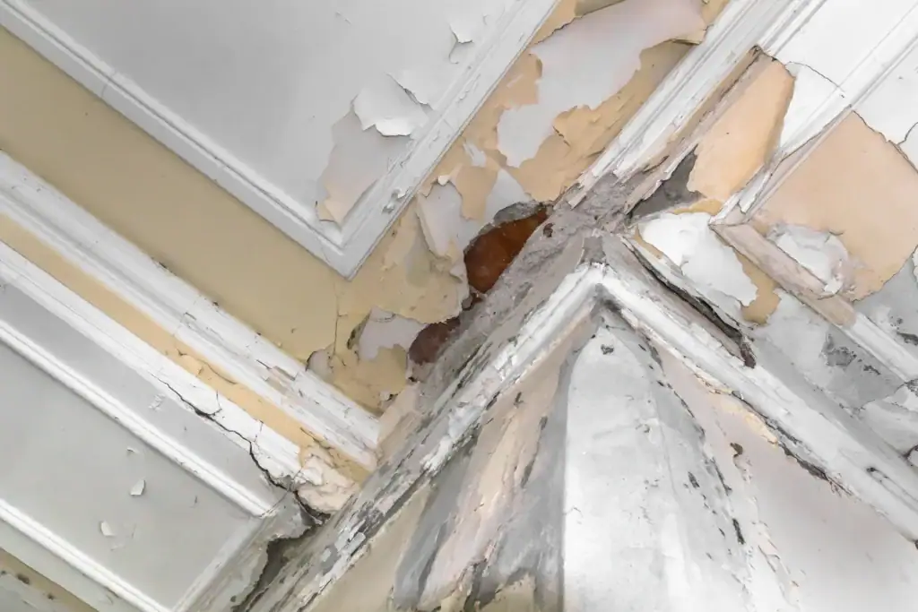 Ceiling in WI with peeling paint and cracked plaster, showing water leakage and visible decay.