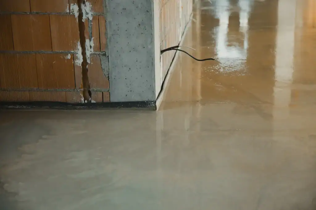 A wet concrete floor with wires beside a brick wall shows early Water Damage Restoration in Milwaukee County.