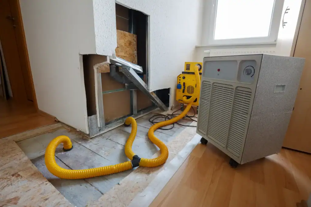A water damage restoration machine with yellow hoses dries a wall and floor in a Wisconsin home.