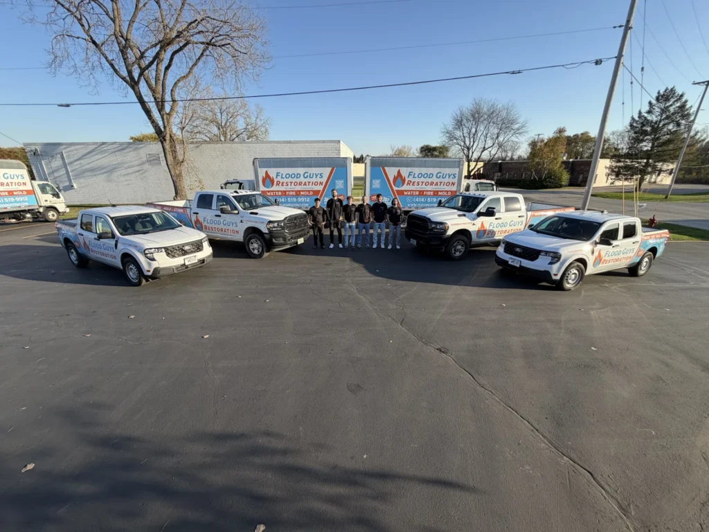 Flood Guys Restoration service trucks and branded equipment trailers lined up and ready to respond